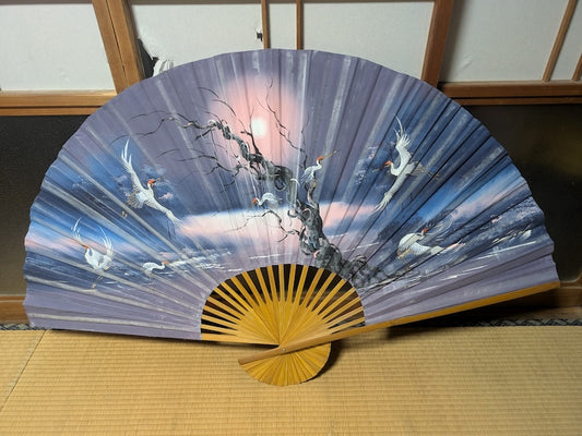 Vintage Japanese Large Wall Fan Crane & Tree Art Hand-Painted Decor