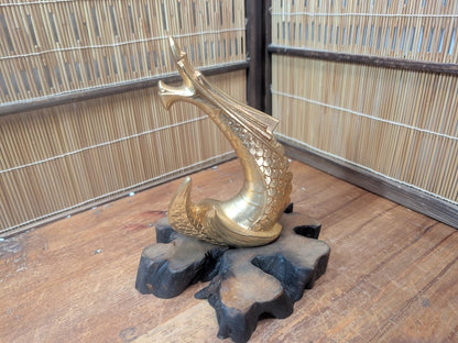 Japanese Brass Dragon Sculpture Vintage 1990s on Wooden Stand Collectible