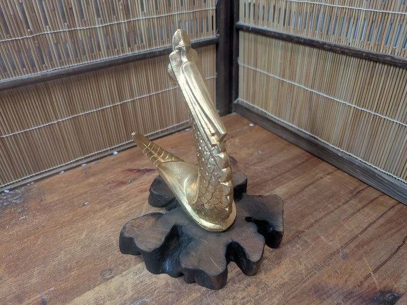 Japanese Brass Dragon Sculpture Vintage 1990s on Wooden Stand Collectible