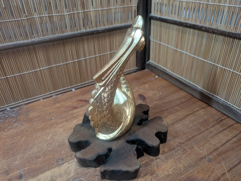 Japanese Brass Dragon Sculpture Vintage 1990s on Wooden Stand Collectible