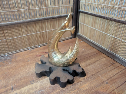 Japanese Brass Dragon Sculpture Vintage 1990s on Wooden Stand Collectible