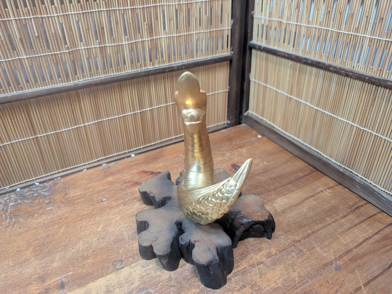 Japanese Brass Dragon Sculpture Vintage 1990s on Wooden Stand Collectible