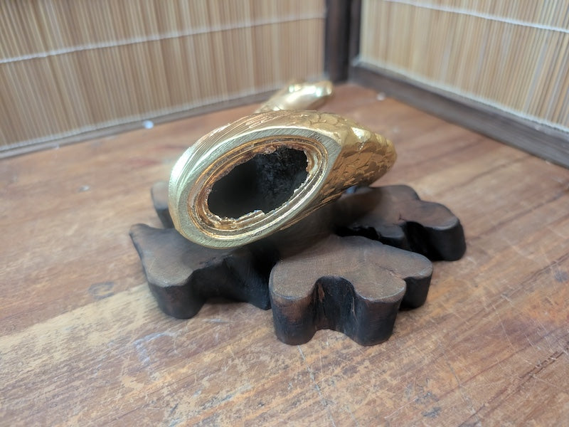 Japanese Brass Dragon Sculpture Vintage 1990s on Wooden Stand Collectible