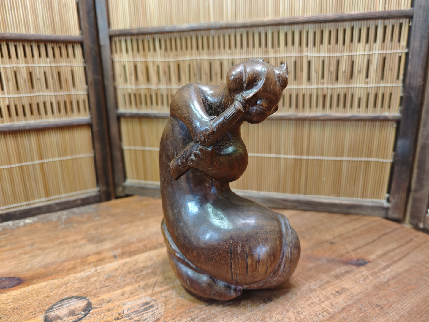 Vintage Balinese Wood Carving Seated Figure Art Deco Sculpture Mid Century