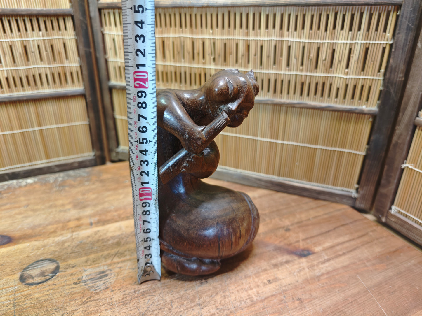 Vintage Balinese Wood Carving Seated Figure Art Deco Sculpture Mid Century