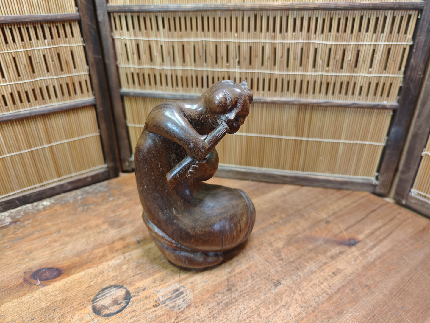 Vintage Balinese Wood Carving Seated Figure Art Deco Sculpture Mid Century