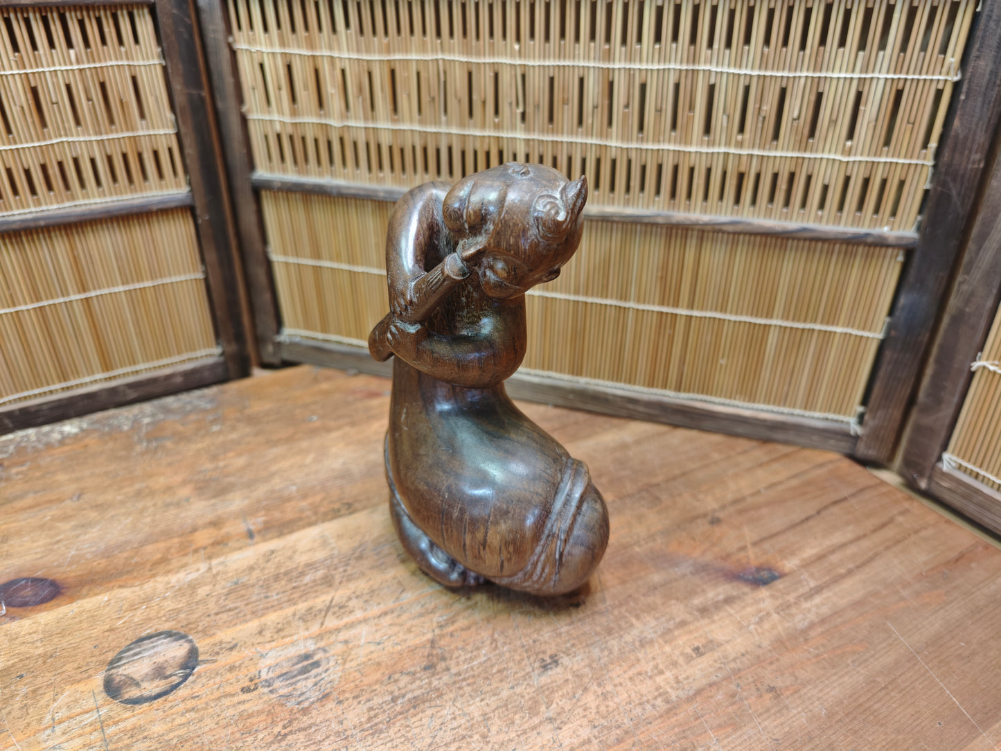 Vintage Balinese Wood Carving Seated Figure Art Deco Sculpture Mid Century