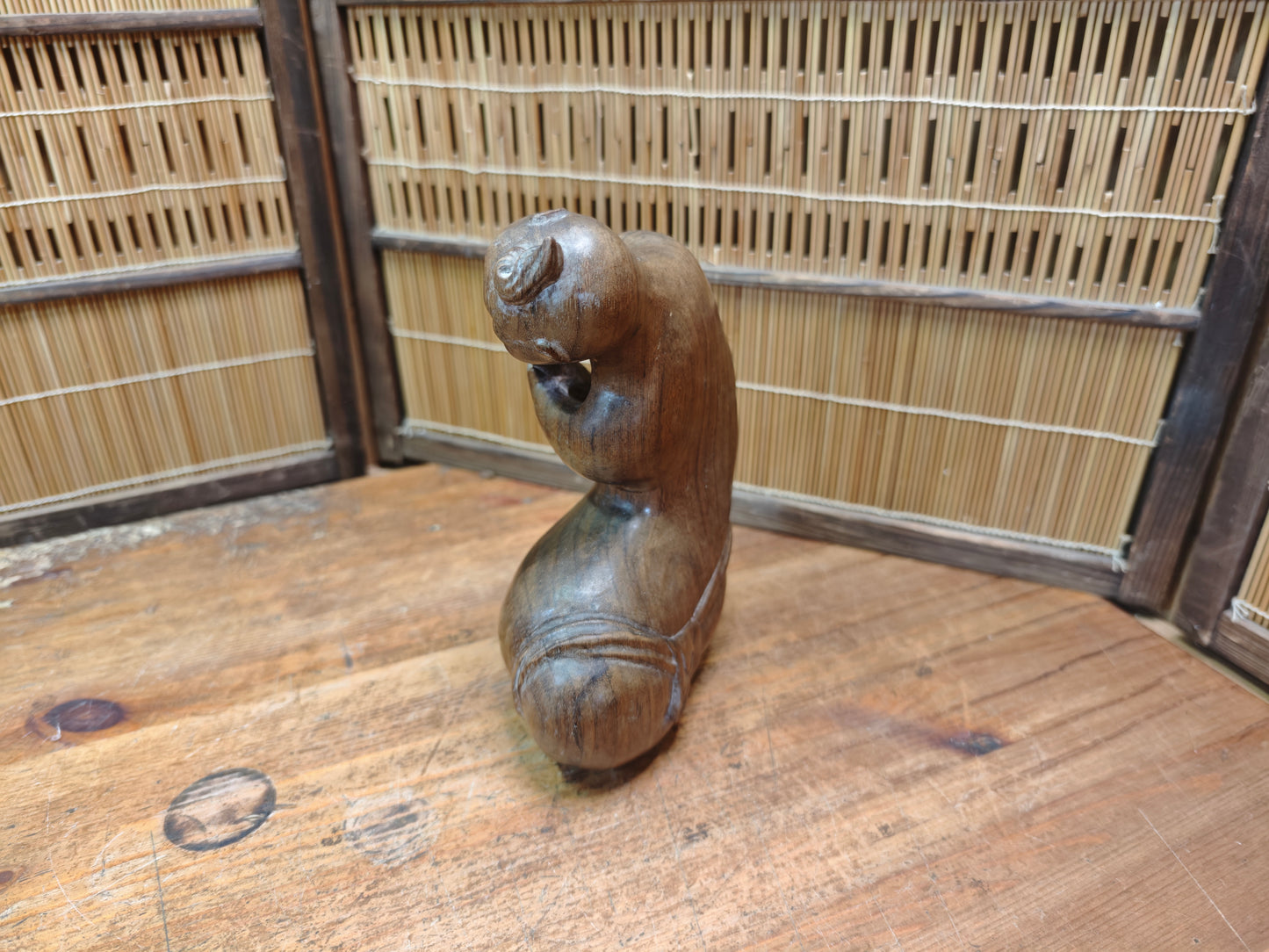 Vintage Balinese Wood Carving Seated Figure Art Deco Sculpture Mid Century