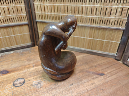 Vintage Balinese Wood Carving Seated Figure Art Deco Sculpture Mid Century