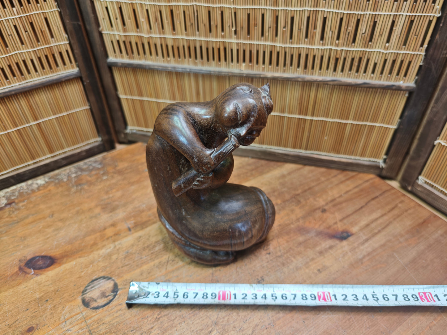 Vintage Balinese Wood Carving Seated Figure Art Deco Sculpture Mid Century
