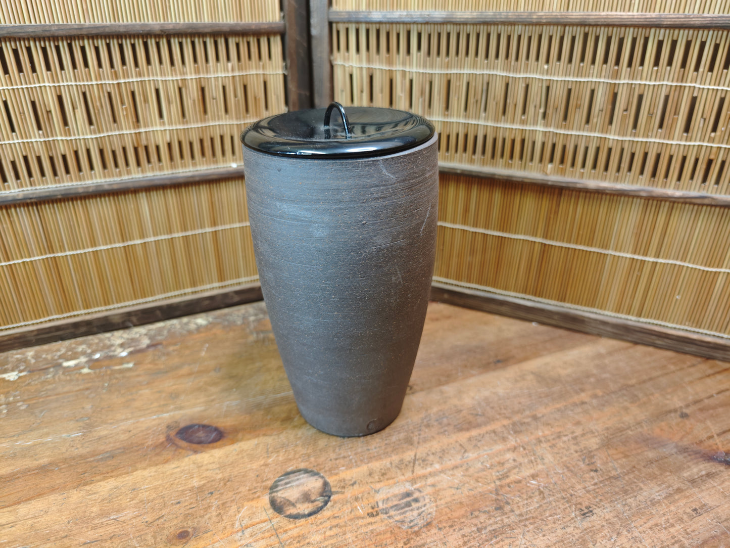 Vintage Bizen Mizusashi Jar lacquered wood Lid Japanese Tea Ceremony
