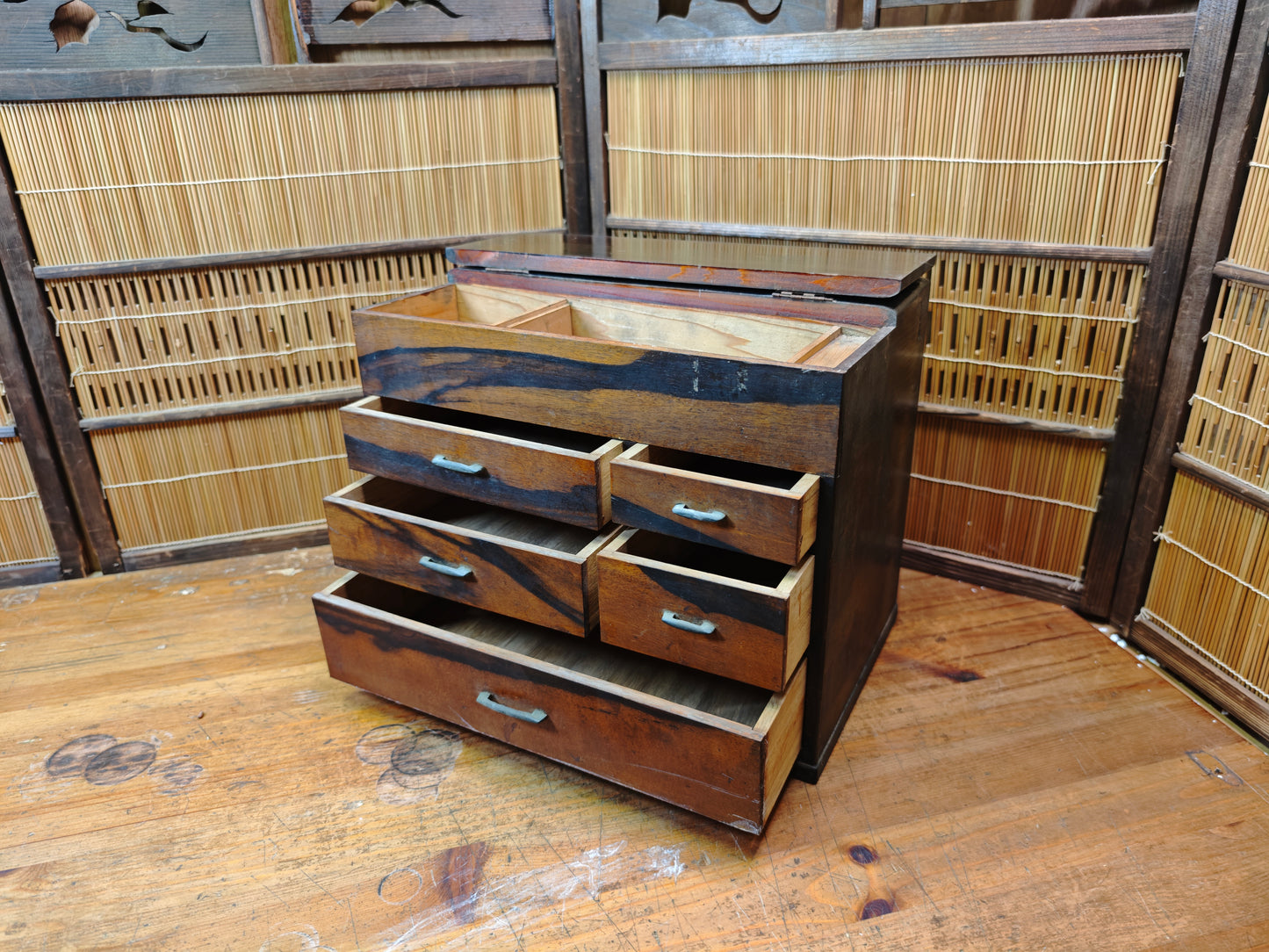 Vintage Japanese Sakura Wood Haribako Sewing Box Multi-Drawer