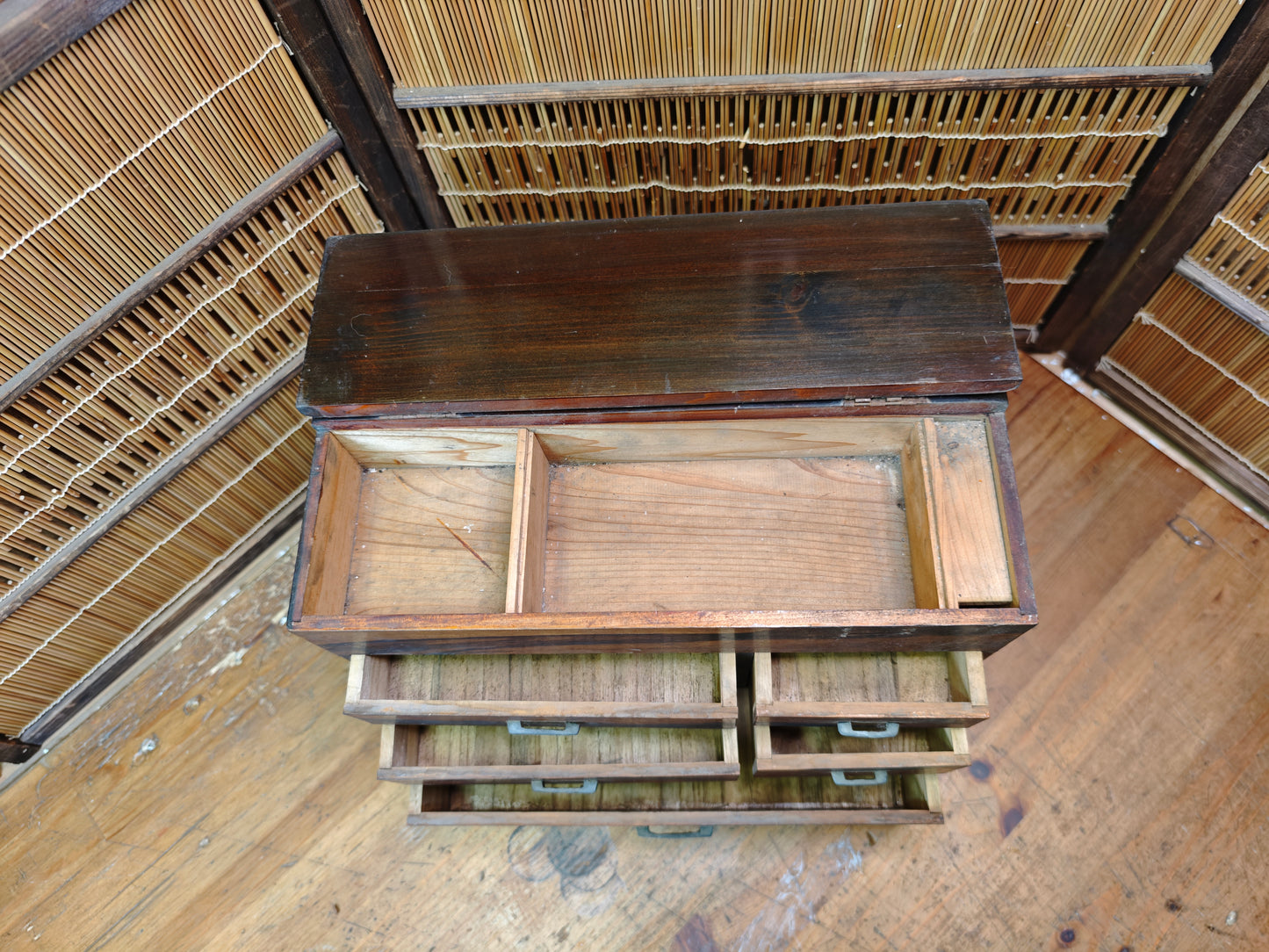 Vintage Japanese Sakura Wood Haribako Sewing Box Multi-Drawer