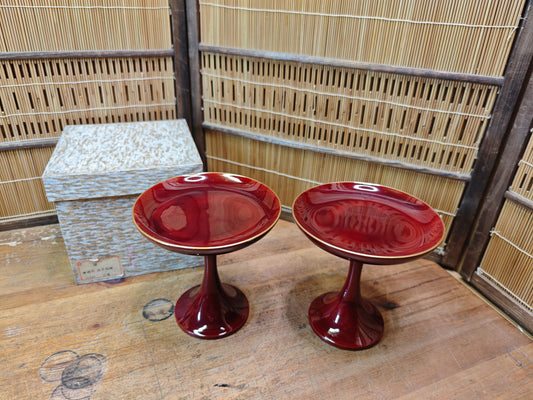 Vintage Japanese 1970s Lacquer wood Takatsuki Offering Stands Red Pair w Box
