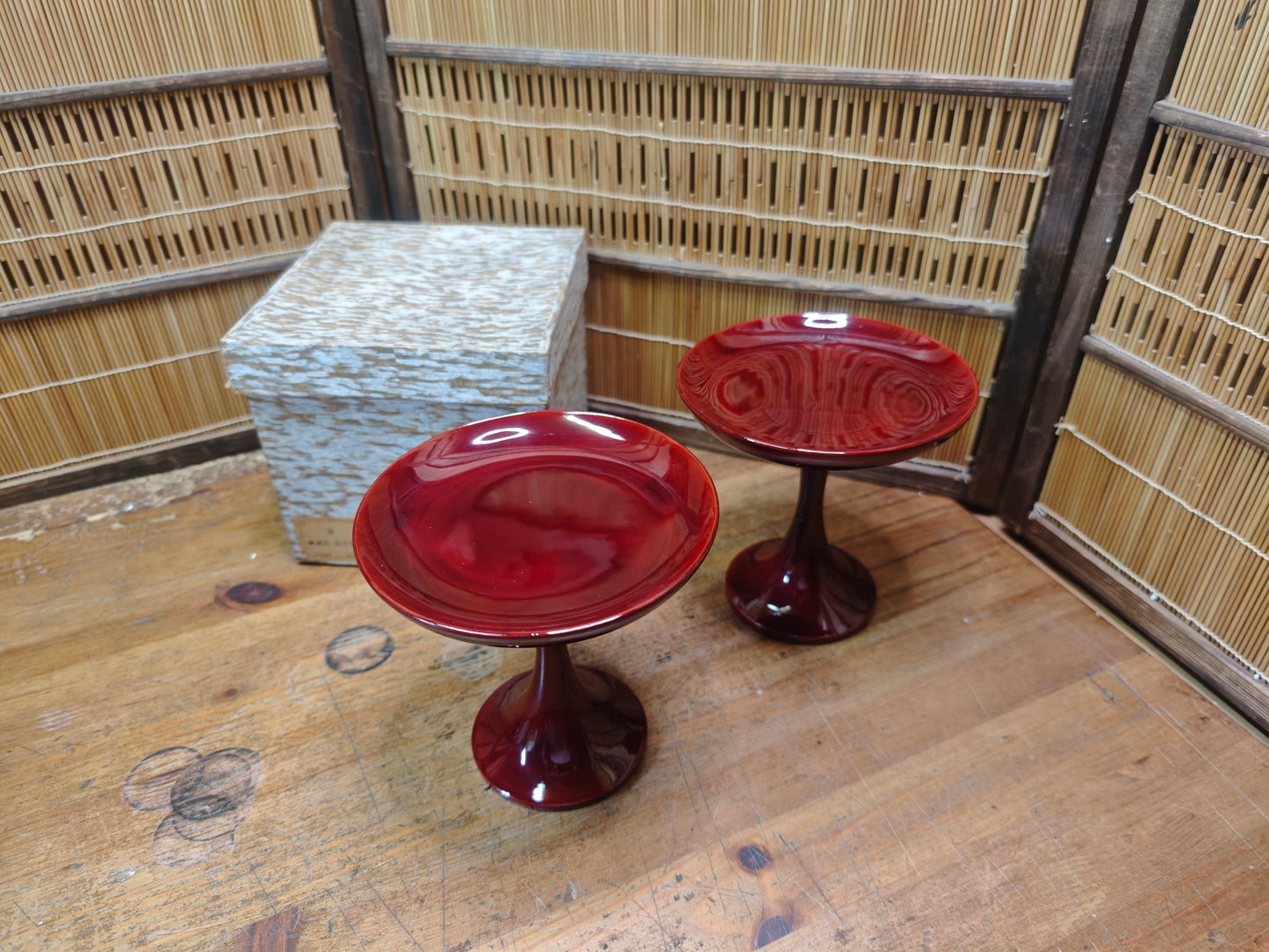 Vintage Japanese Lacquer wood Takatsuki Offering Stands Red Pair w Box