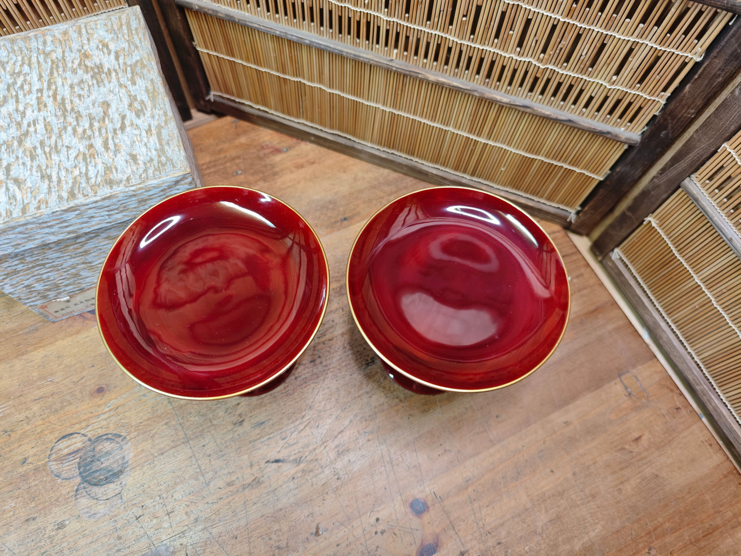 Vintage Japanese 1970s Lacquer wood Takatsuki Offering Stands Red Pair w Box