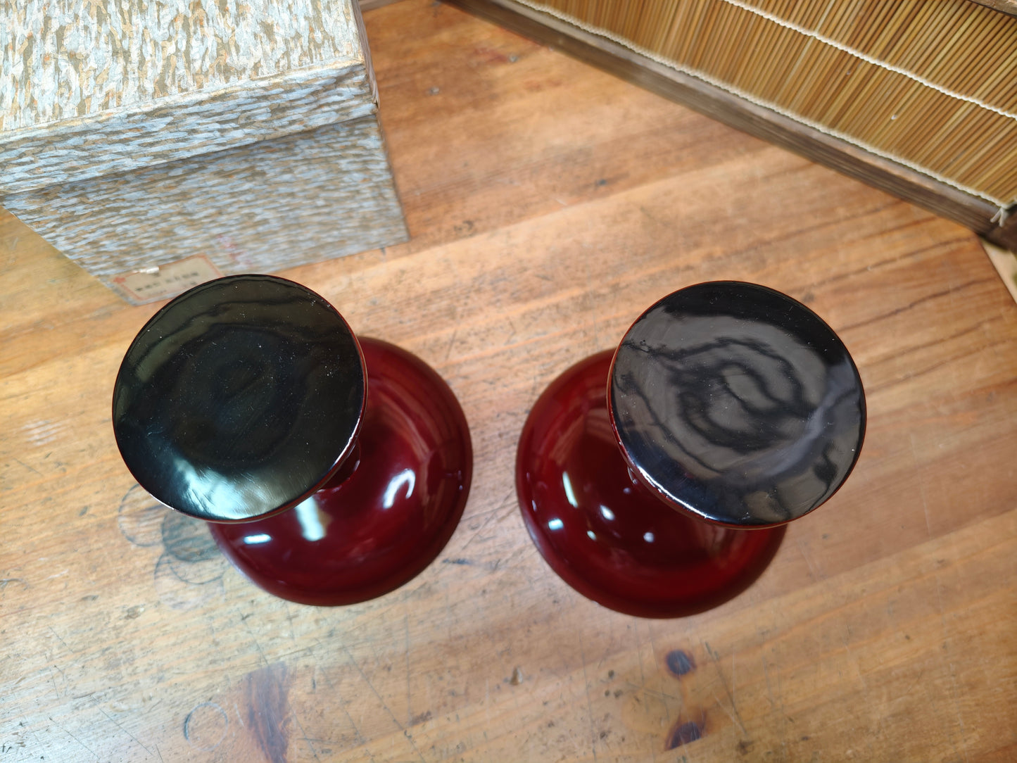 Vintage Japanese 1970s Lacquer wood Takatsuki Offering Stands Red Pair w Box