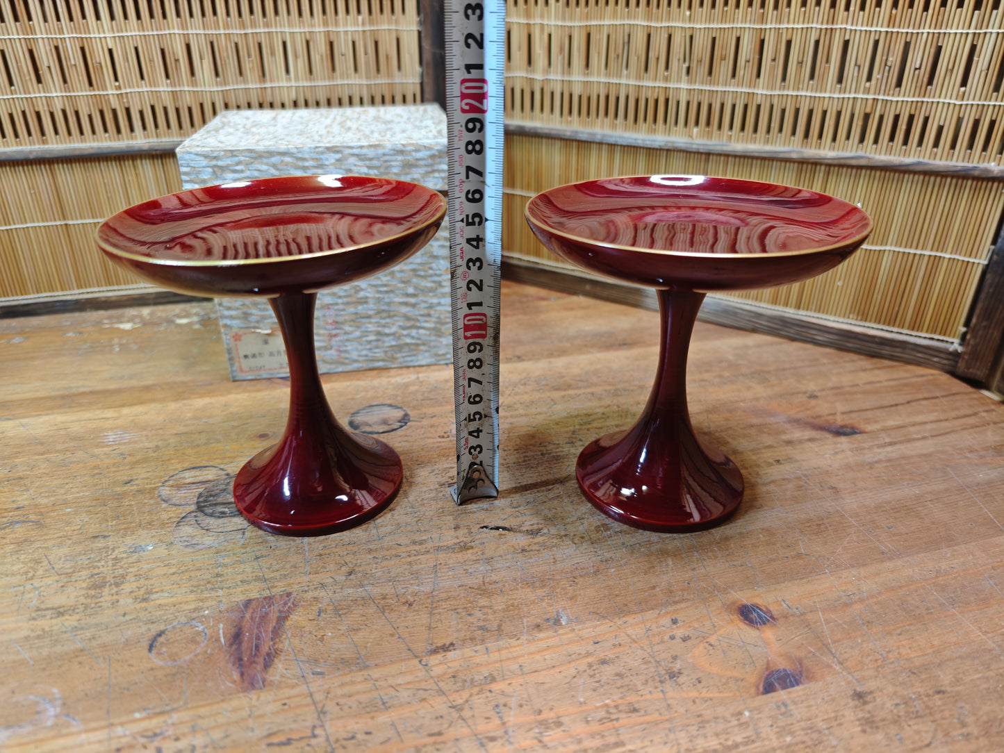 Vintage Japanese 1970s Lacquer wood Takatsuki Offering Stands Red Pair w Box