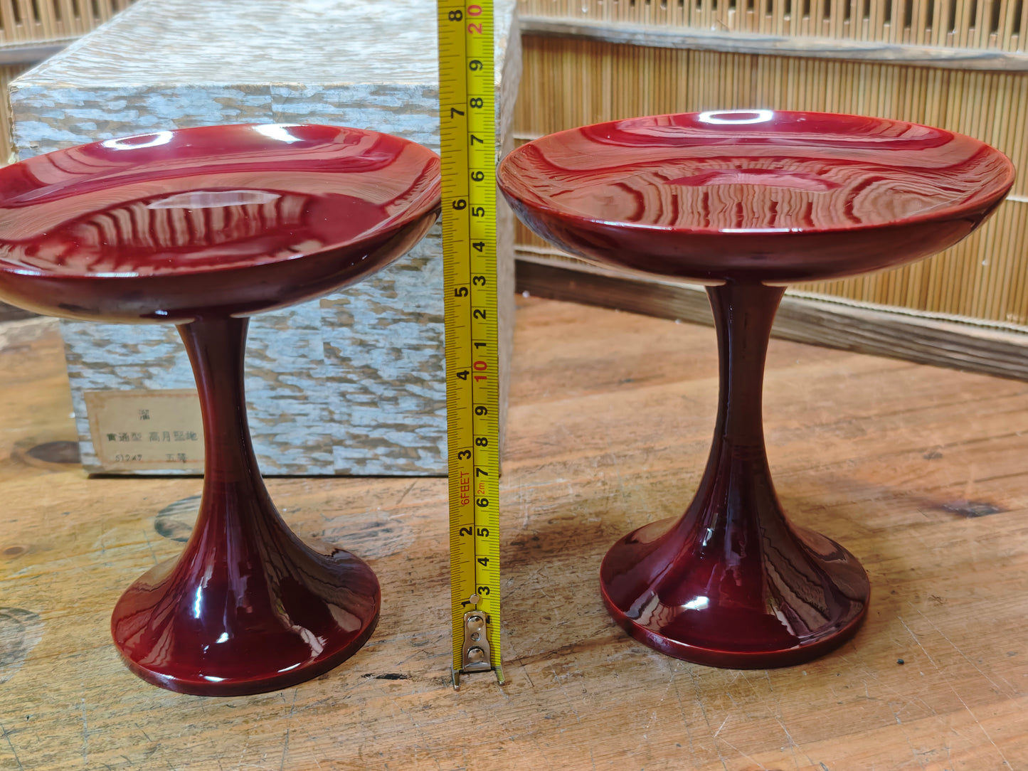 Vintage Japanese Lacquer wood Takatsuki Offering Stands Red Pair w Box