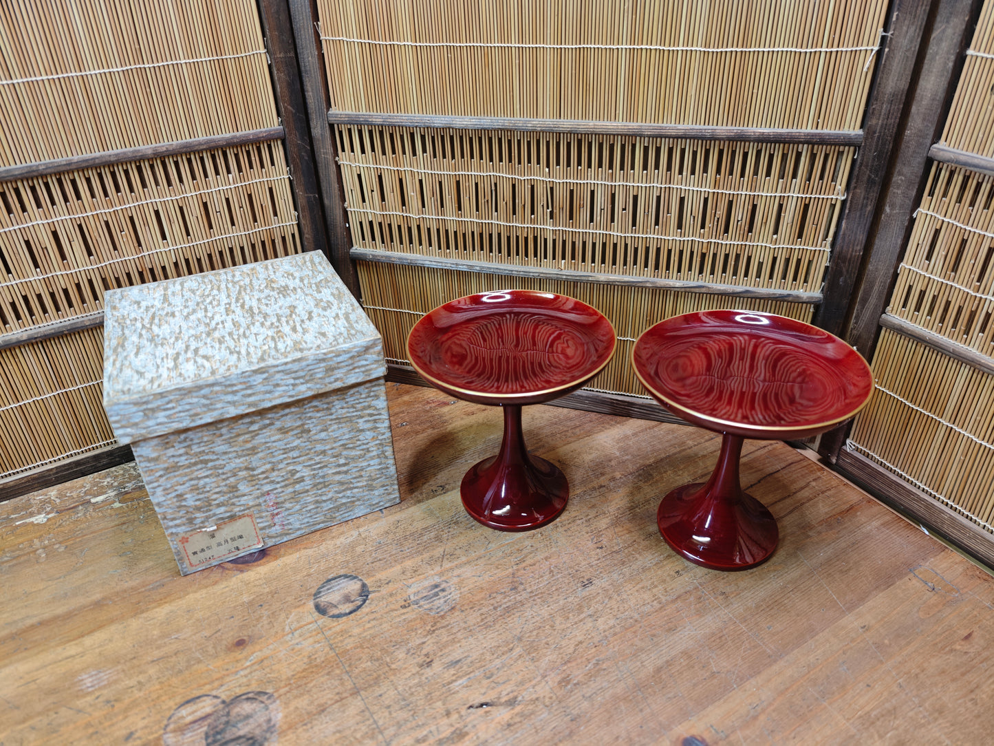 Vintage Japanese 1970s Lacquer wood Takatsuki Offering Stands Red Pair w Box