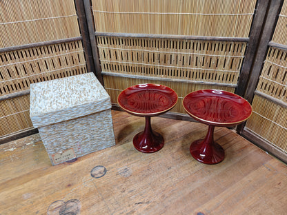 Vintage Japanese 1970s Lacquer wood Takatsuki Offering Stands Red Pair w Box