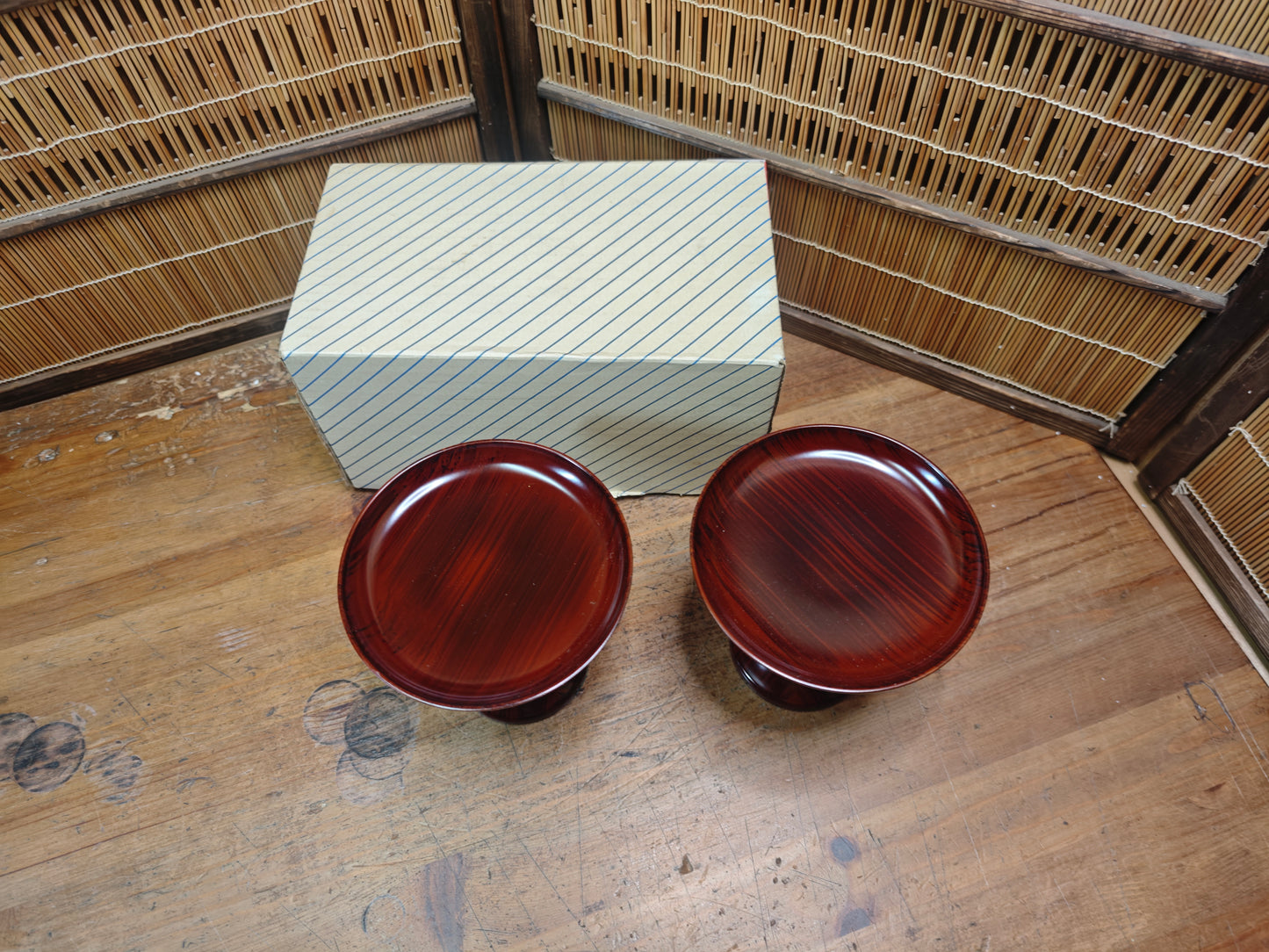 Vintage Japanese Lacquer wood Takatsuki Offering Stands Red Pair w Box