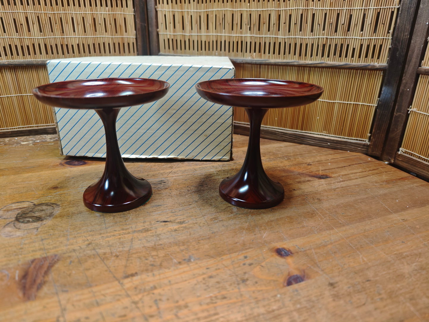 Vintage Japanese Lacquer wood Takatsuki Offering Stands Red Pair w Box
