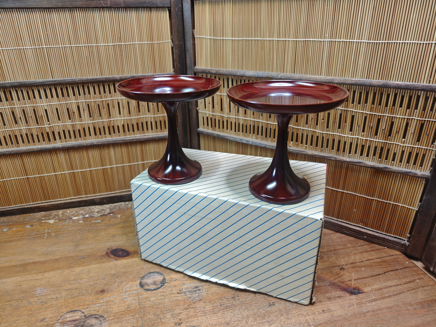 Vintage Japanese Lacquer wood Takatsuki Offering Stands Red Pair w Box