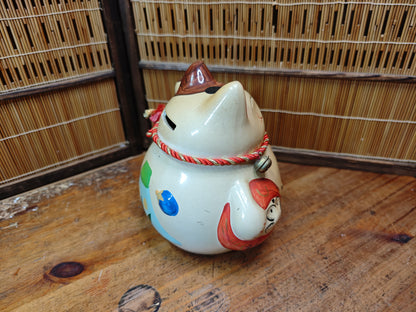 Vintage Japanese 1980s Maneki Neko Lucky Cat Pottery Figurine Japan