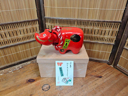 Vintage Japanese Akabeko Bobble Head Red Lucky Cow Figurine Folk Art