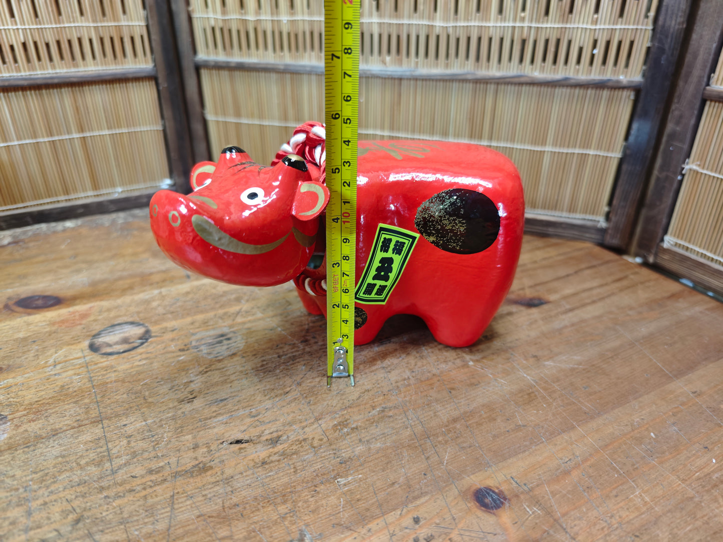 Vintage Japanese Akabeko Bobble Head Red Lucky Cow Figurine Folk Art