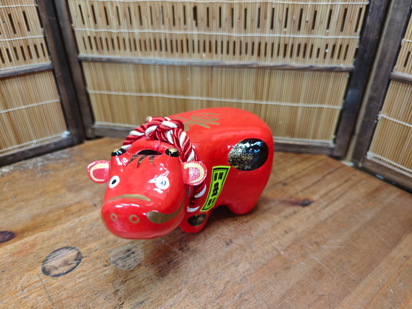 Vintage Japanese Akabeko Bobble Head Red Lucky Cow Figurine Folk Art