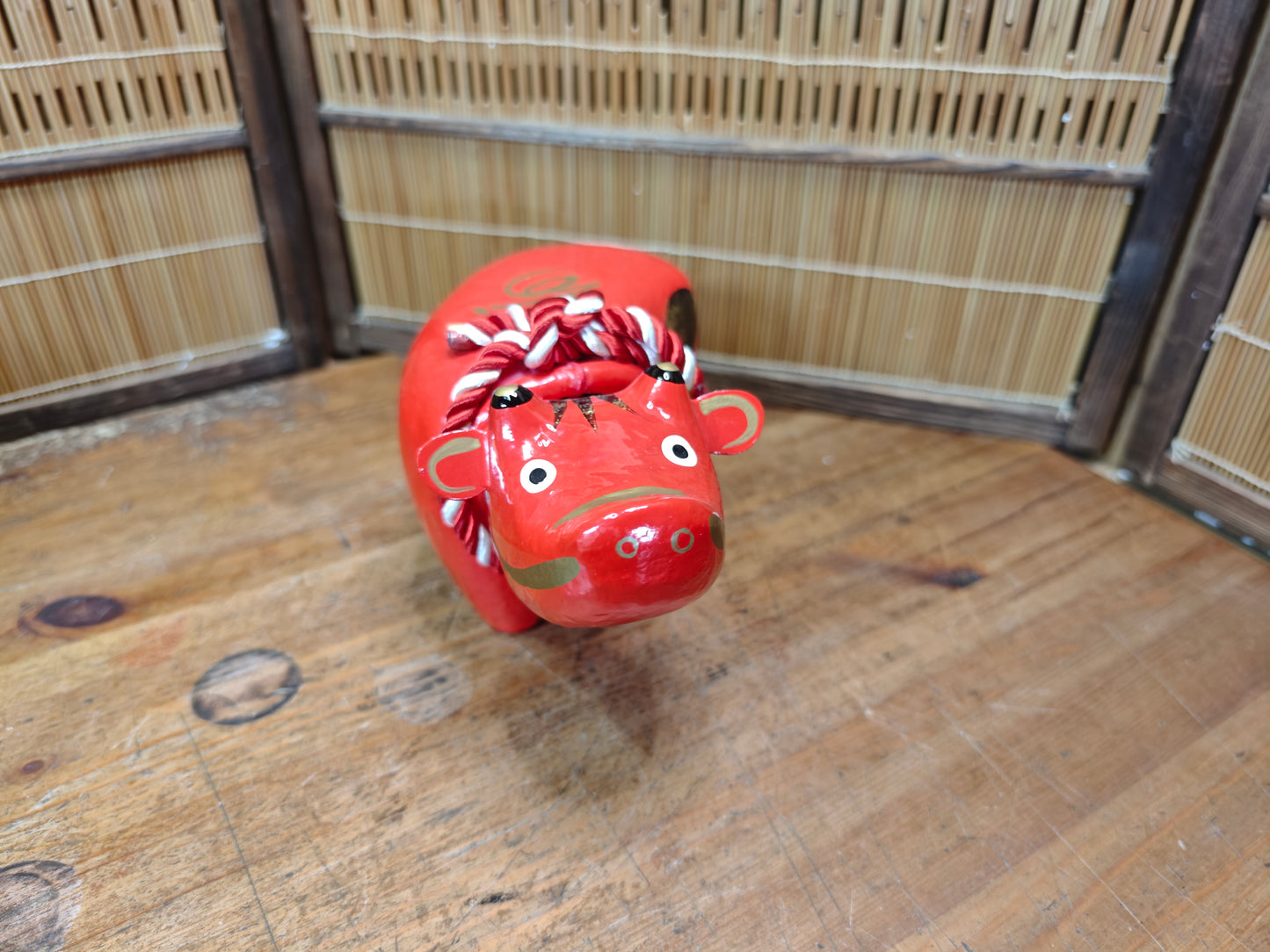 Vintage Japanese Akabeko Bobble Head Red Lucky Cow Figurine Folk Art