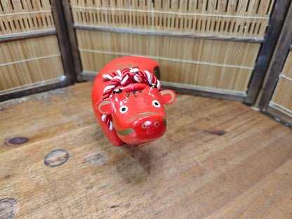 Vintage Japanese Akabeko Bobble Head Red Lucky Cow Figurine Folk Art