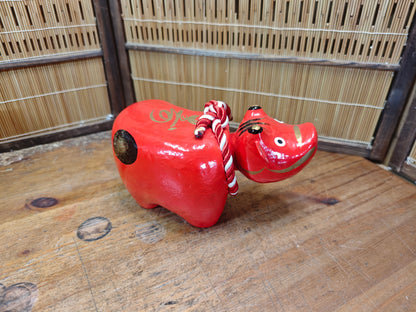 Vintage Japanese Akabeko Bobble Head Red Lucky Cow Figurine Folk Art