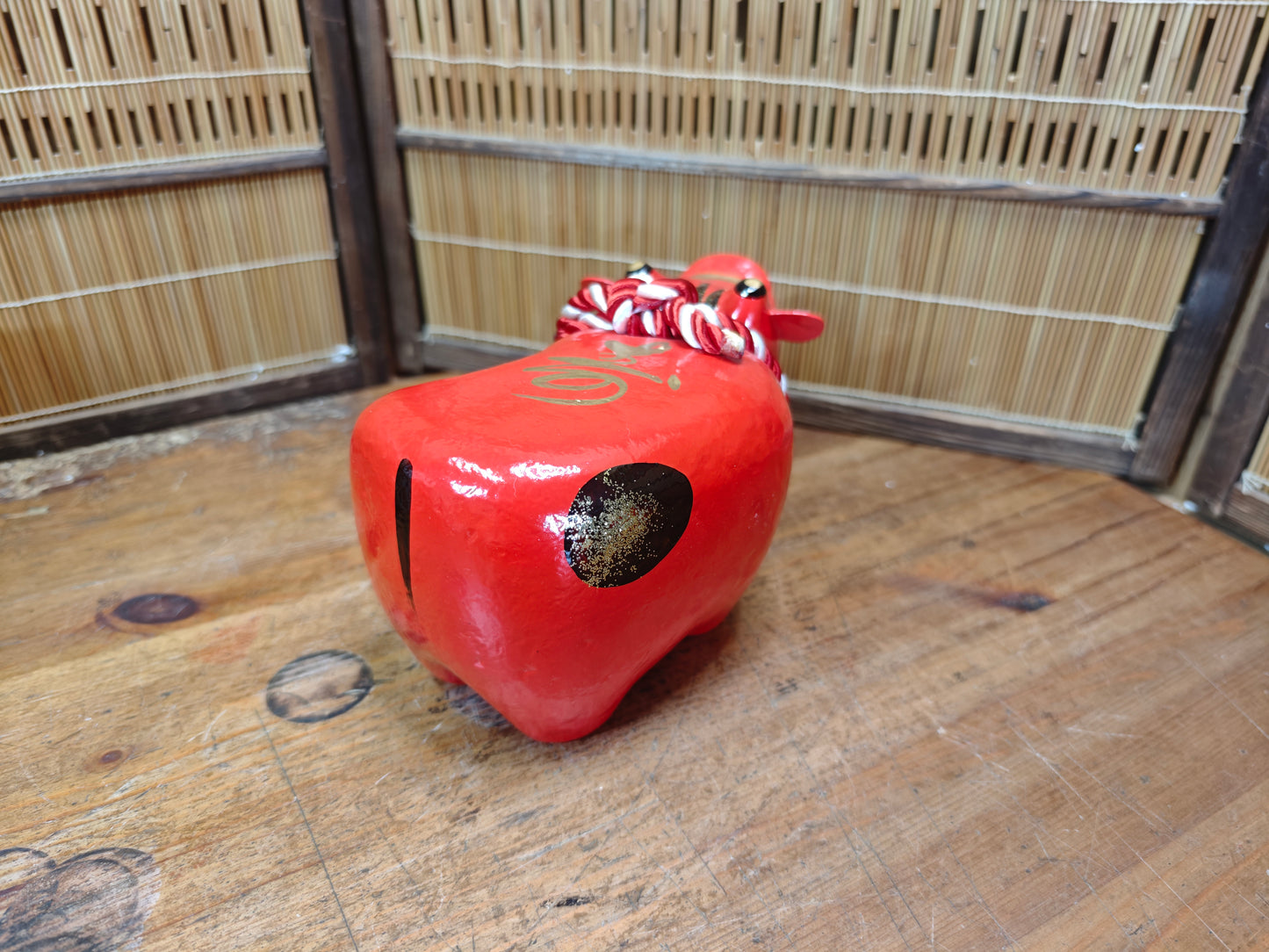 Vintage Japanese Akabeko Bobble Head Red Lucky Cow Figurine Folk Art