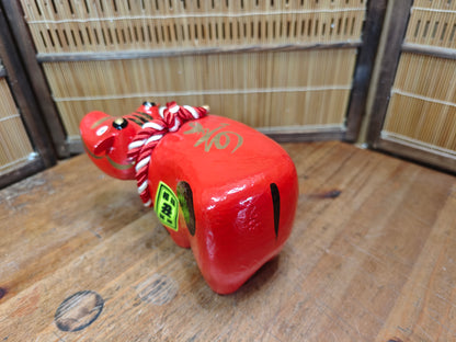 Vintage Japanese Akabeko Bobble Head Red Lucky Cow Figurine Folk Art