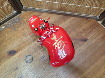 Vintage Japanese Akabeko Bobble Head Red Lucky Cow Figurine Folk Art