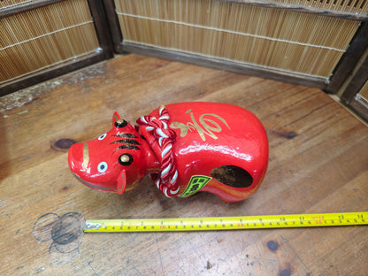 Vintage Japanese Akabeko Bobble Head Red Lucky Cow Figurine Folk Art