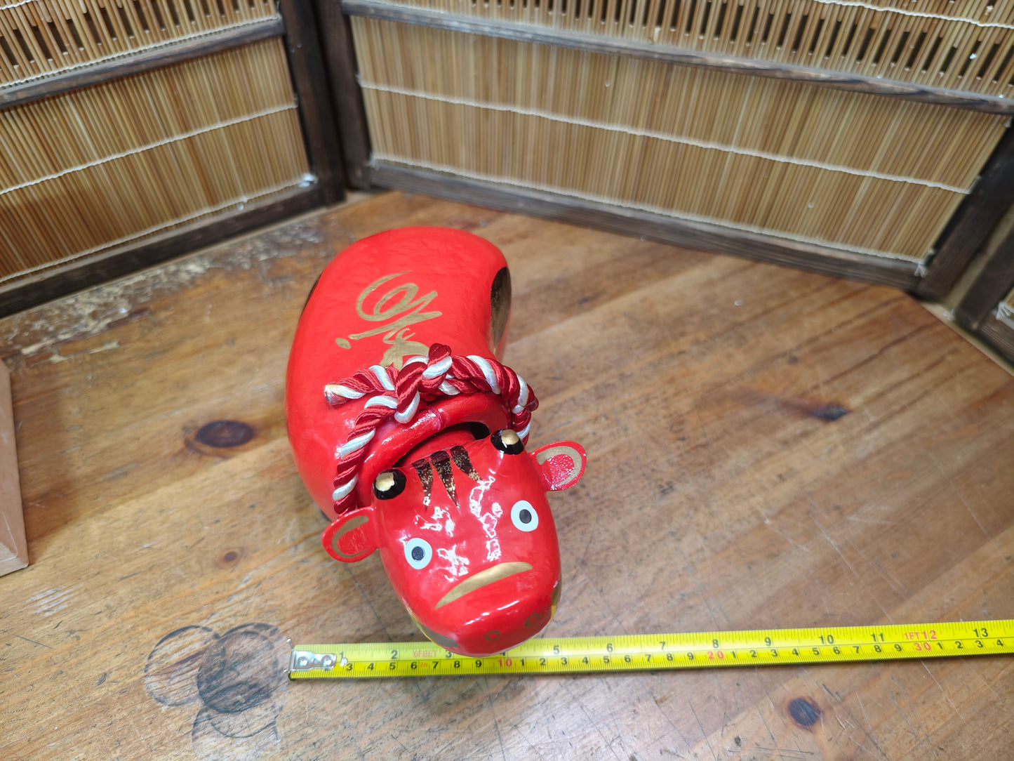 Vintage Japanese Akabeko Bobble Head Red Lucky Cow Figurine Folk Art