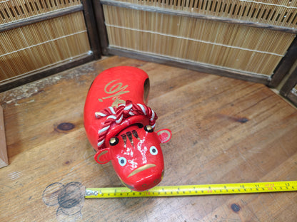 Vintage Japanese Akabeko Bobble Head Red Lucky Cow Figurine Folk Art