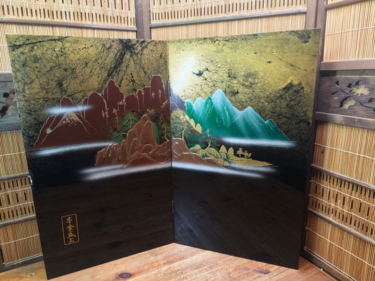 Vintage Japanese Black Lacquer Byobu Screen Marble Sansui 20S