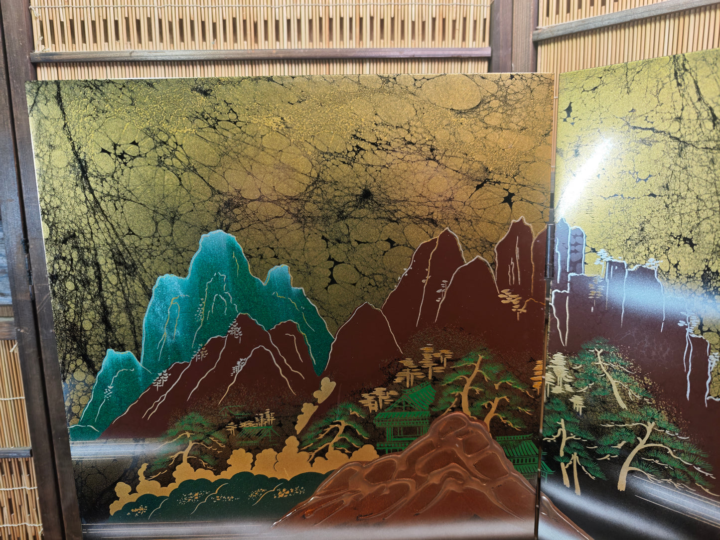 Vintage Japanese 1980s Black Lacquer Byobu Screen Marble Sansui 20S