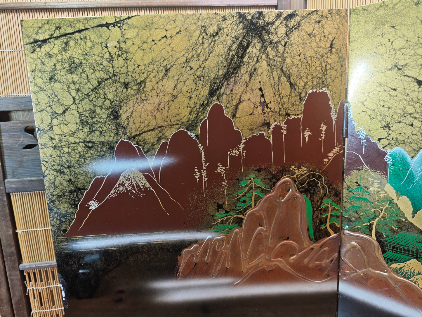 Vintage Japanese Black Lacquer Byobu Screen Marble Sansui 20S