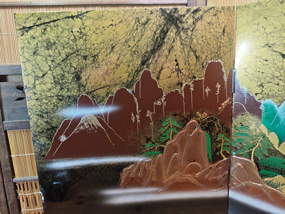 Vintage Japanese Black Lacquer Byobu Screen Marble Sansui 20S