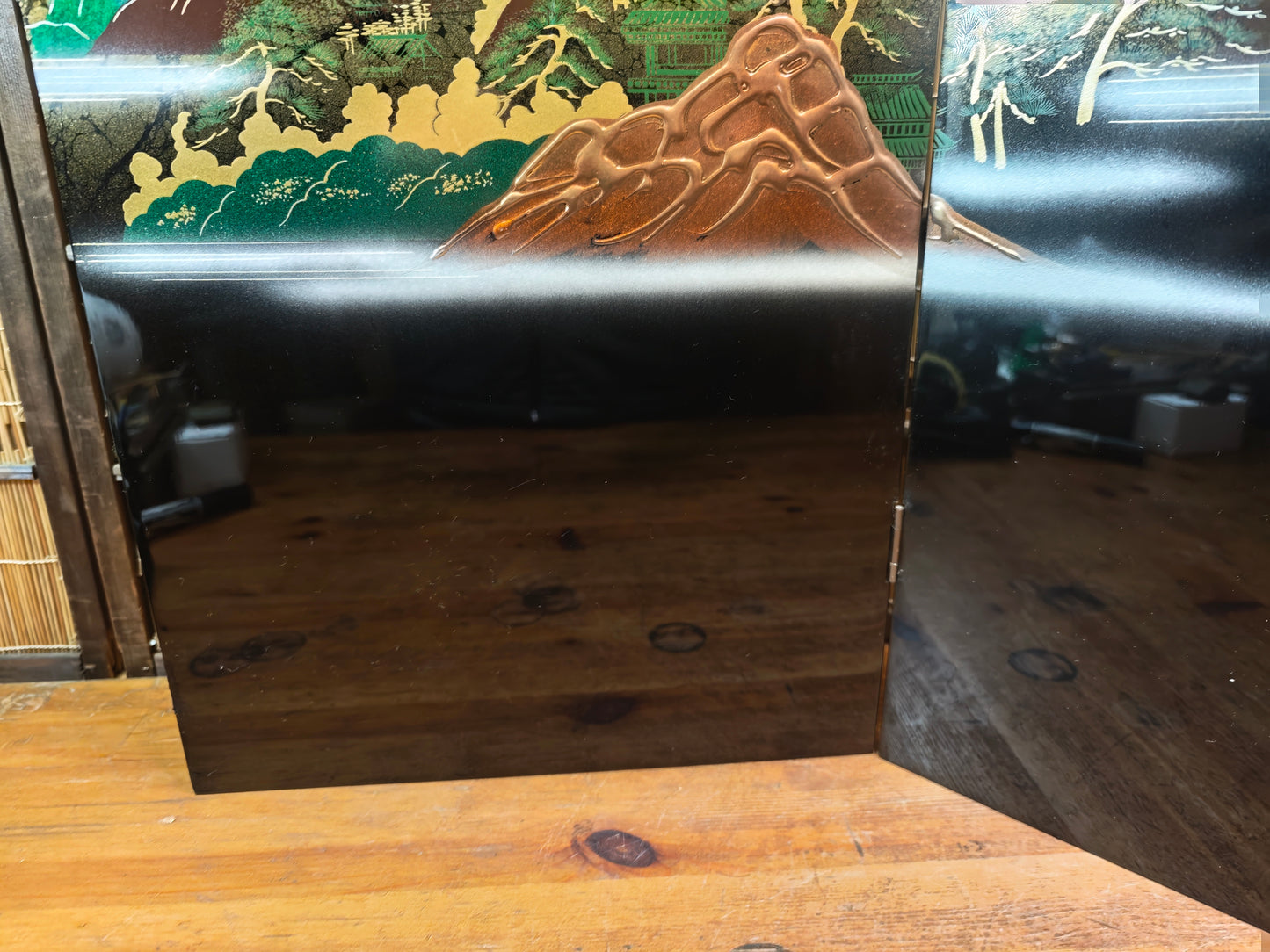 Vintage Japanese 1980s Black Lacquer Byobu Screen Marble Sansui 20S