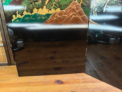 Vintage Japanese 1980s Black Lacquer Byobu Screen Marble Sansui 20S