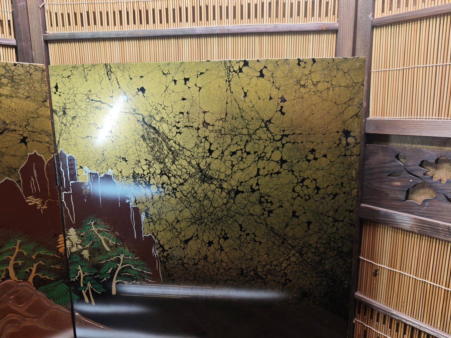 Vintage Japanese 1980s Black Lacquer Byobu Screen Marble Sansui 20S