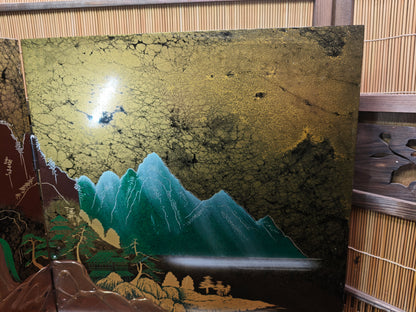 Vintage Japanese Black Lacquer Byobu Screen Marble Sansui 20S