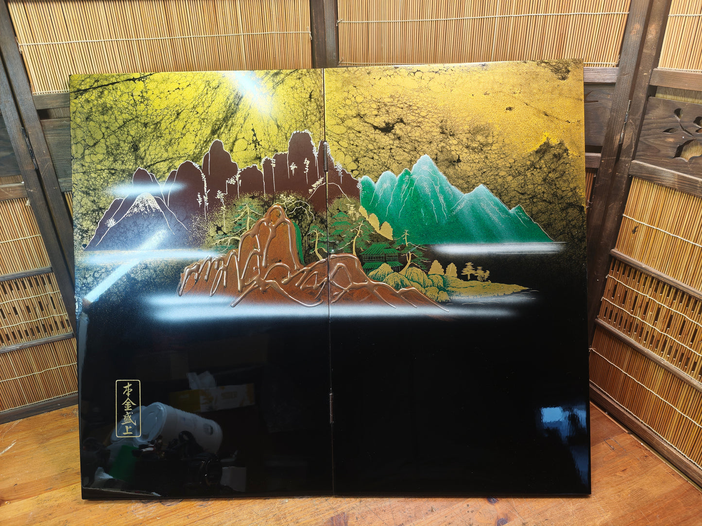Vintage Japanese Black Lacquer Byobu Screen Marble Sansui 20S